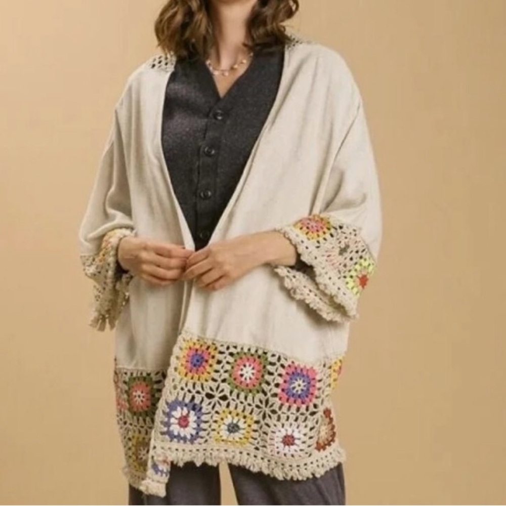 Umgee Crochet Oatmeal Kimono cardigan New knit Linen Blend